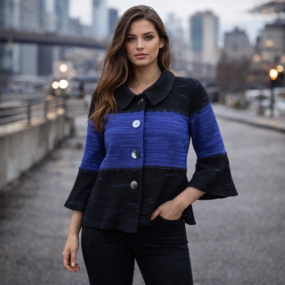 Andria Lieu Collection Blue Black Colorblock Bell Sleeve Knit Jacket Small‎ USA
